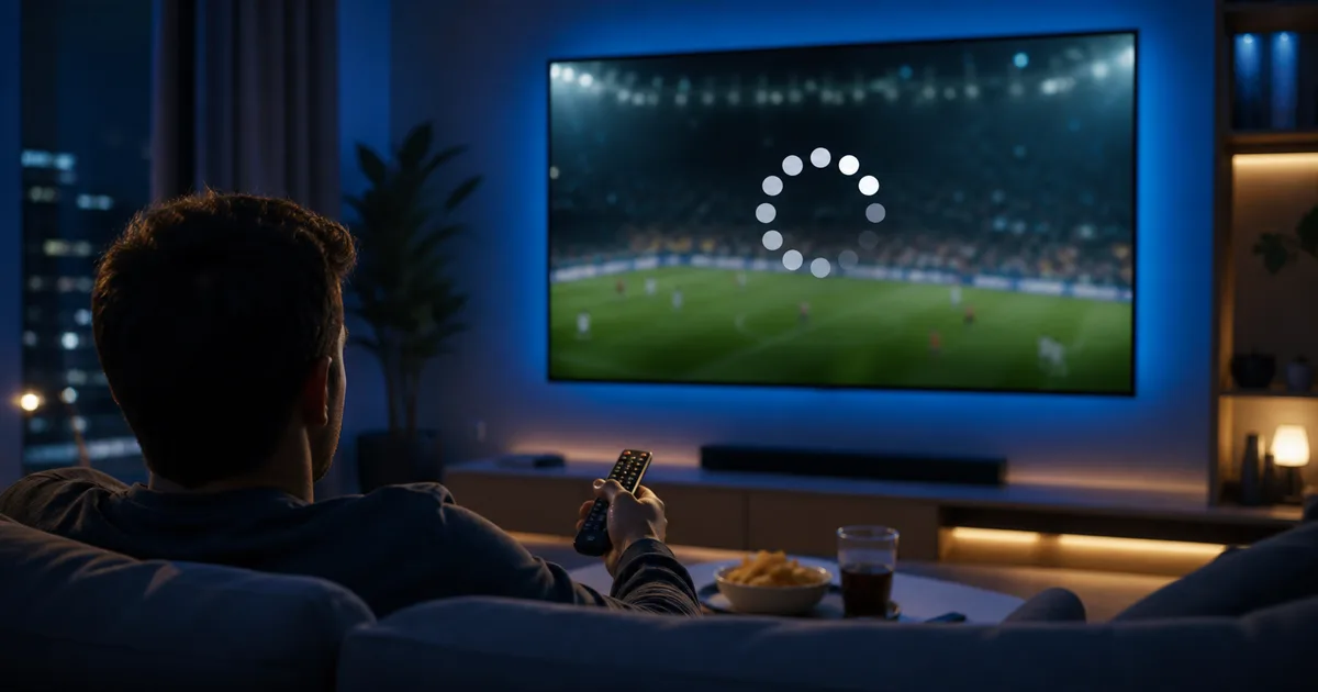 Frustrated viewer watching a buffering icon on a TV during a live match