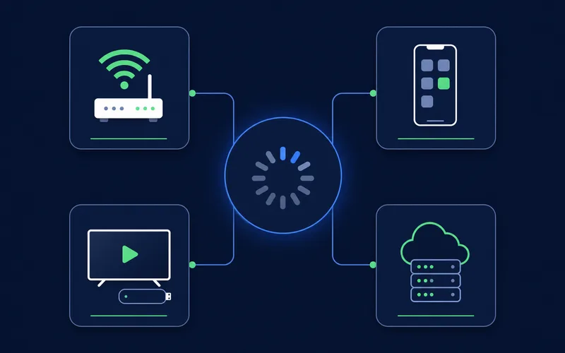 Diagram showing the four main causes of IPTV buffering: internet, app, device, provider