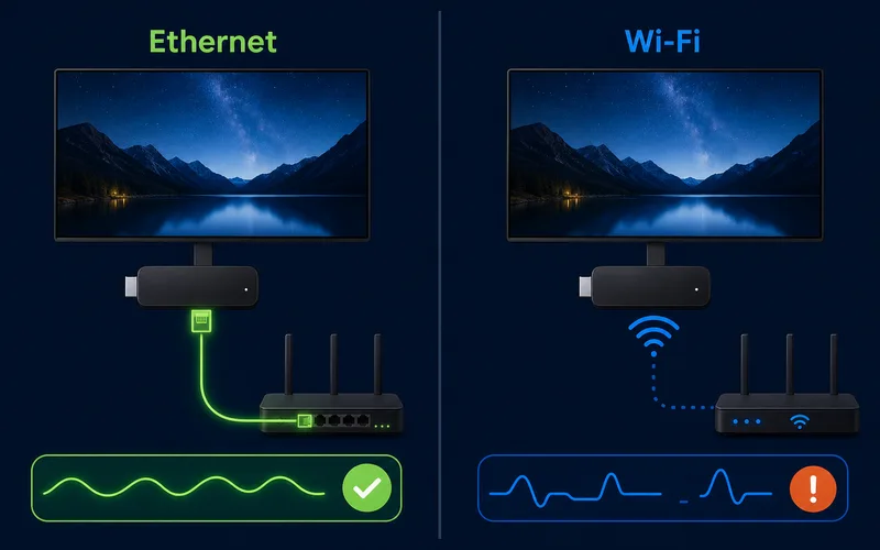 Comparison visual of a streaming device connected by Ethernet versus Wi-Fi for stable IPTV