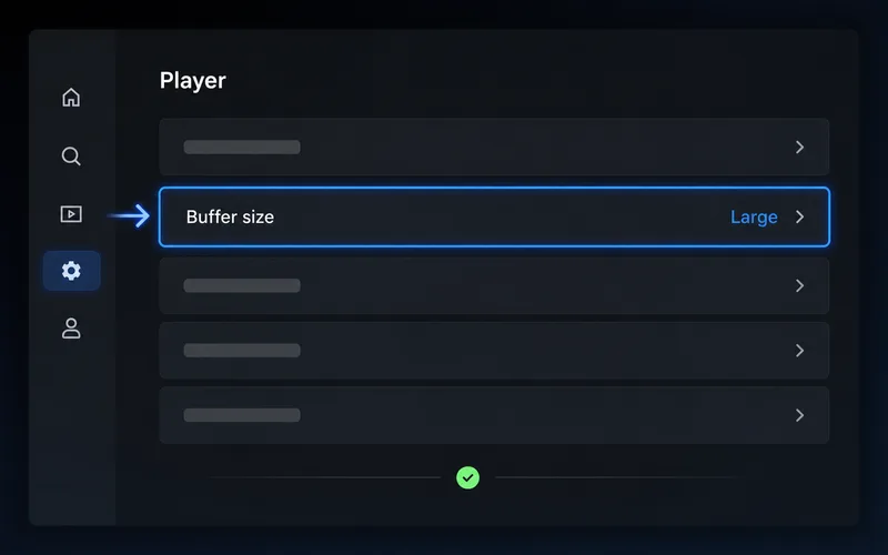 IPTV player settings menu highlighting the buffer size option set to Large