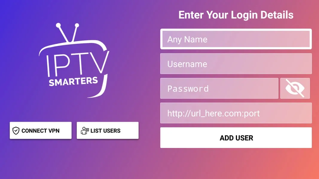 ZYMINEX IPTV Smarters Pro login form — Xtream Codes credentials entry screen