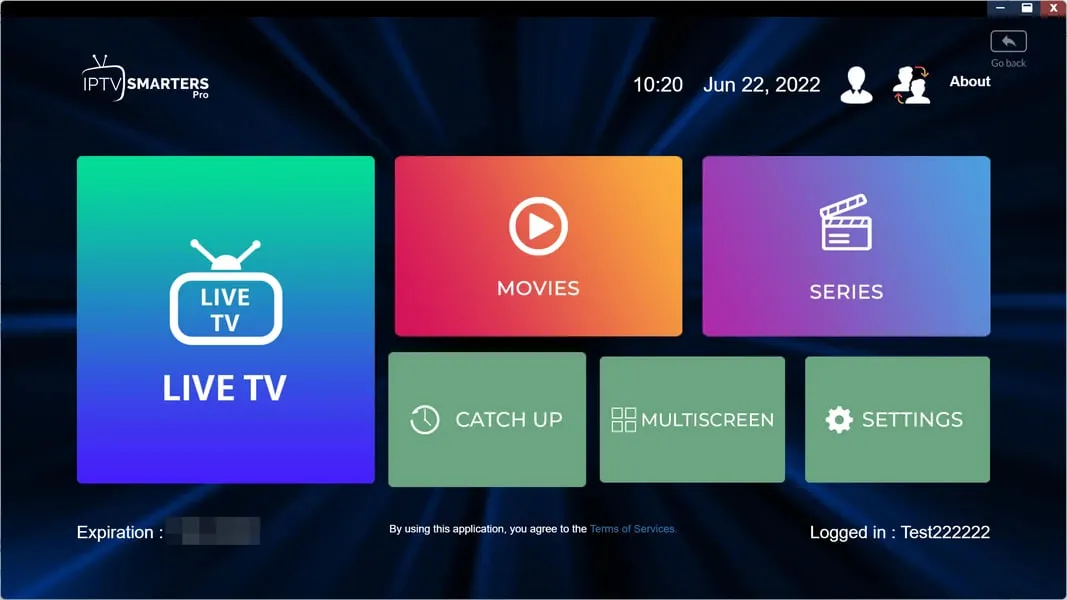ZYMINEX IPTV dashboard on Windows PC showing Live TV, Movies and Series tiles