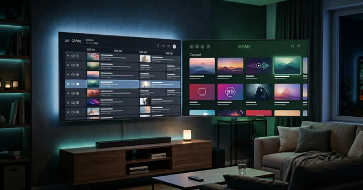 Two IPTV player app interfaces shown side by side on a TV screen